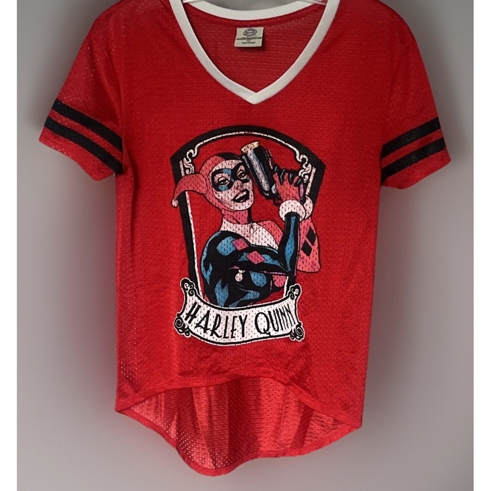 Harley Quinn Mesh Jersey Top Women's M Red V-Neck DC Comics Cosplay